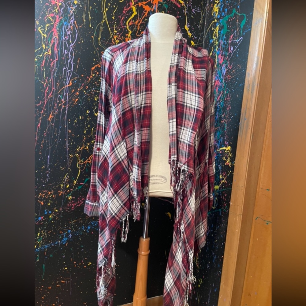 Red, white, and black long sleeve with fringe edges cardigan from Rue21